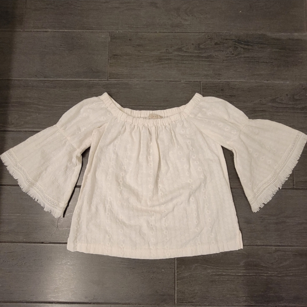 ANN TAYLOR LOFT 100% Cotton White Off The Shoulder Linen Blouse w/ Bell Sleeves